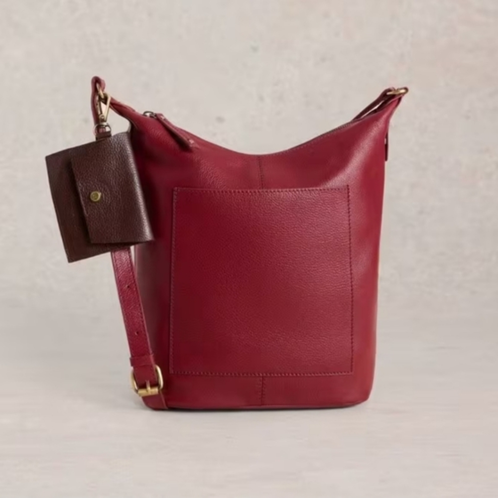 WHITE STUFF "Fern" Crossbody Bag Messenger Bucket Deep Red Leather & Pouch